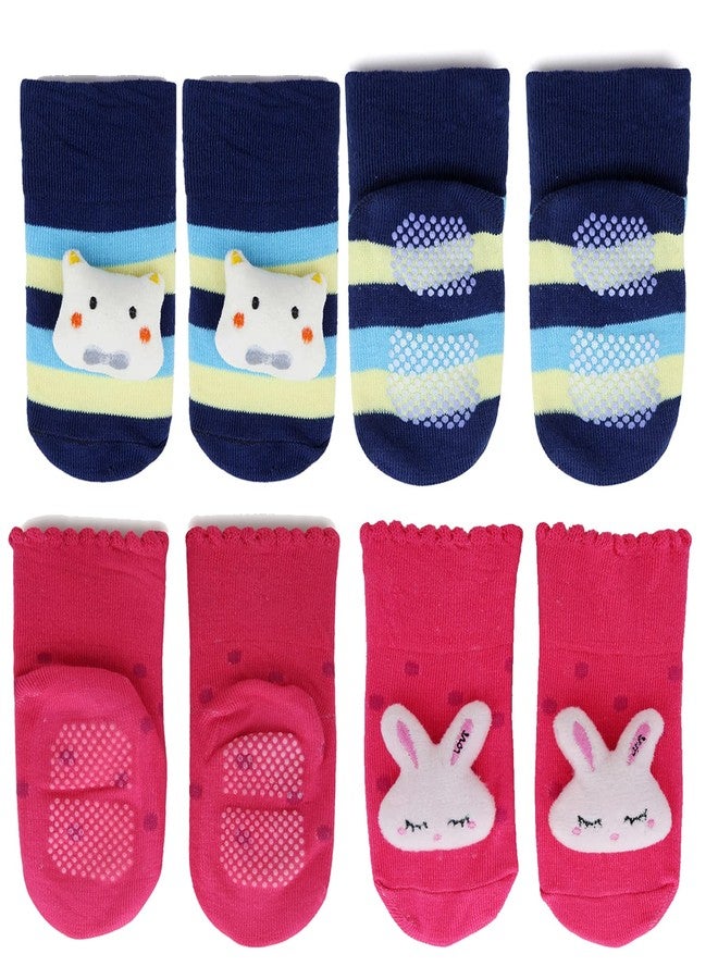 Neska Moda Baby Boys & Girls Anti Slip 2 Pair Cotton Cat and Rabbit Face Ankle Socks/Booties For 3 to 12 Months - Anti Skid Socks with Grippers (Dark Blue, White, Pink) -SK898andSK904 - Image 1