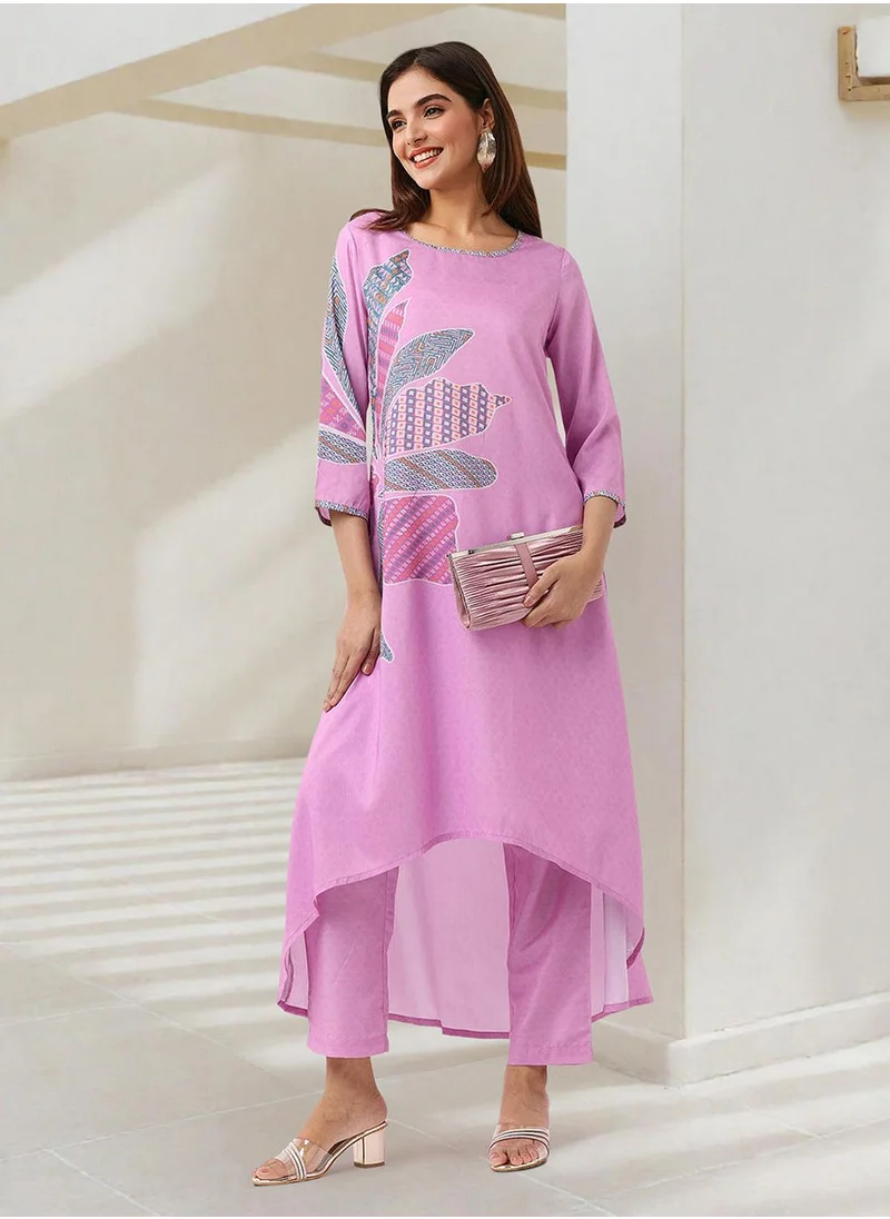 ISHIN A-Line Fit Printed Pattern Round Neck Three-Quarter Sleeves Pink Colour Knitted Cotton Kurta Set for Women with Semi Elastic Closure - Unmatched Grace and Comfort