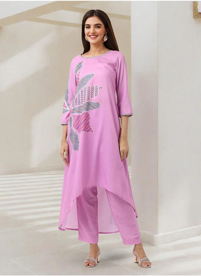 ISHIN A-Line Fit Printed Pattern Round Neck Three-Quarter Sleeves Pink Colour Knitted Cotton Kurta Set for Women with Semi Elastic Closure - Unmatched Grace and Comfort
