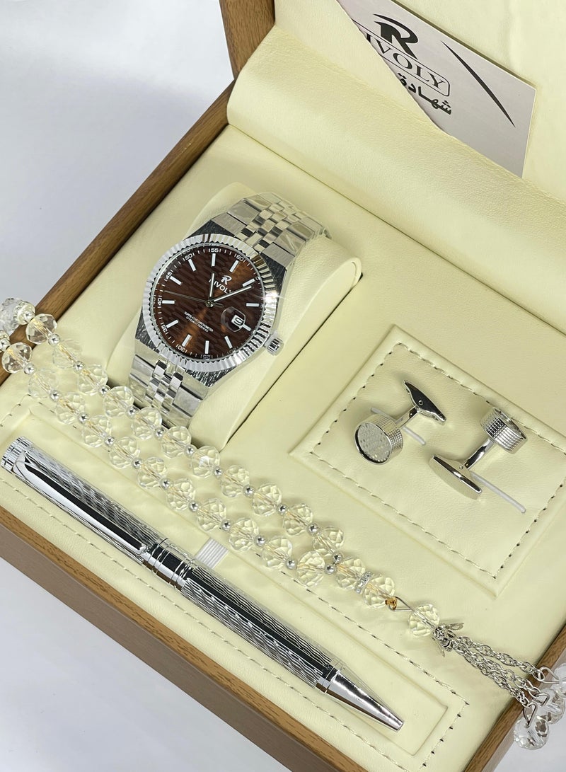 RR A wonderful stainless steel men's set consisting of a watch, a rosary, a pen and cufflinks half steel