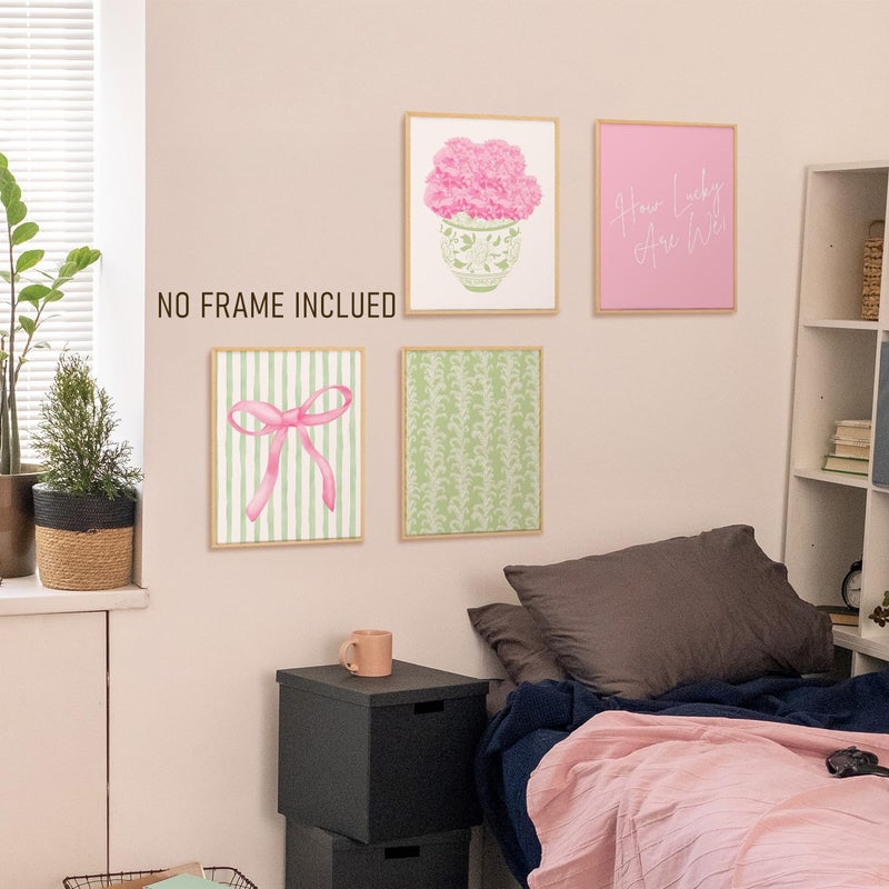 BRRNYOI Coquette Pink Bow Hydrangea Floral Wall Art Posters Set of 4, Grandmillennial Home Decor, Sage Green Botanical Flower Canvas Prints Wall Decor for Bedroom Living Room, 8x10 Unframed - Image 4