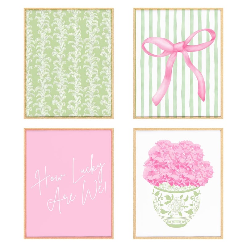 BRRNYOI Coquette Pink Bow Hydrangea Floral Wall Art Posters Set of 4, Grandmillennial Home Decor, Sage Green Botanical Flower Canvas Prints Wall Decor for Bedroom Living Room, 8x10 Unframed - Image 1