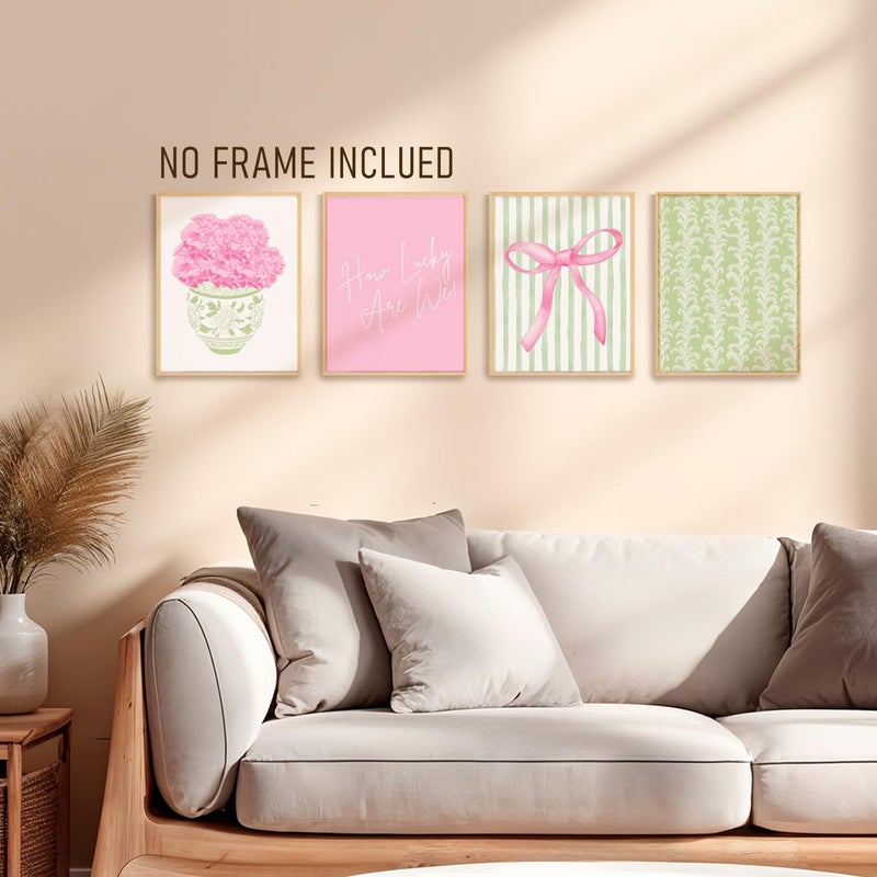 BRRNYOI Coquette Pink Bow Hydrangea Floral Wall Art Posters Set of 4, Grandmillennial Home Decor, Sage Green Botanical Flower Canvas Prints Wall Decor for Bedroom Living Room, 8x10 Unframed - Image 5