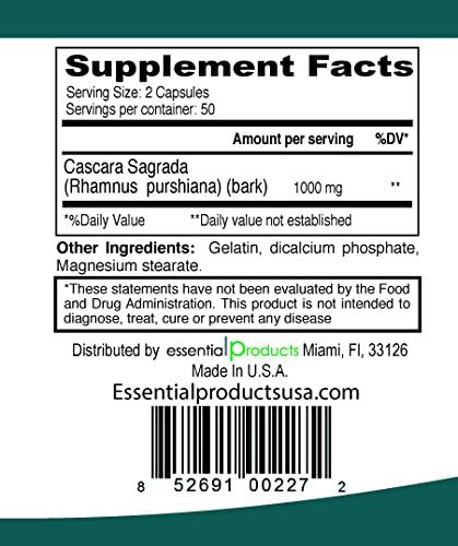 elp essential Cascara Sagrada Natural Laxative Regularity 1000mg 100 Capsules - Image 4