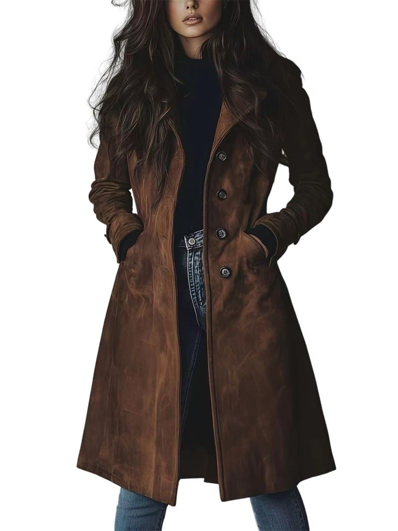 utcoco Womens Long Suede Trench Coat Single Breasted Leather Trench Overcoat with Pocket (X-Large, Dark Brown) - Image 1
