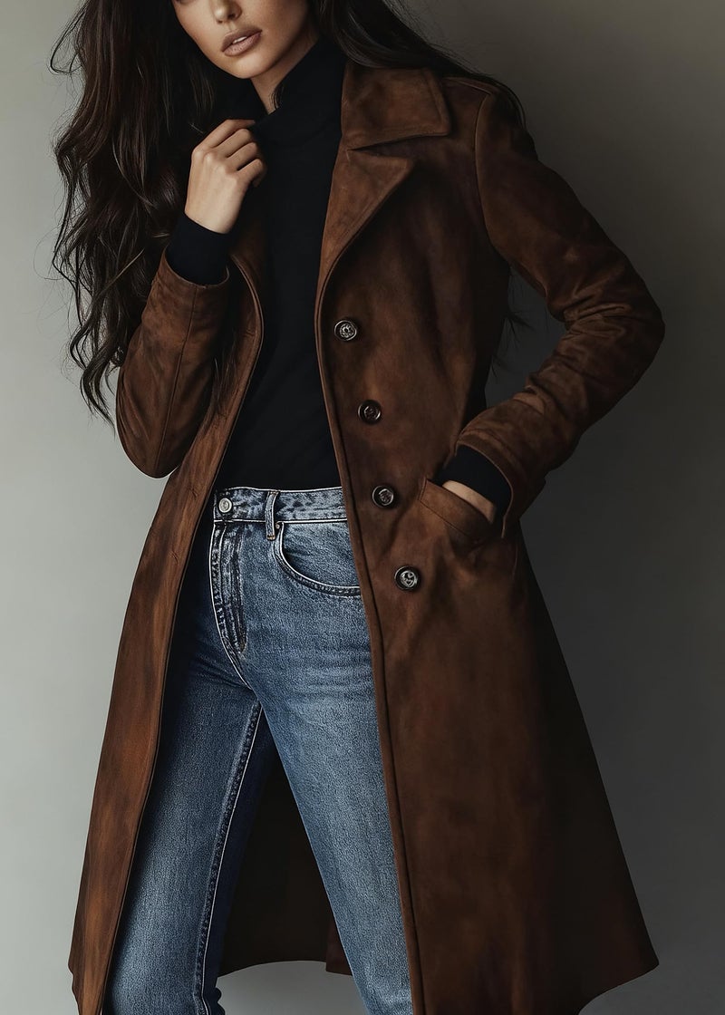 utcoco Womens Long Suede Trench Coat Single Breasted Leather Trench Overcoat with Pocket (X-Large, Dark Brown) - Image 2