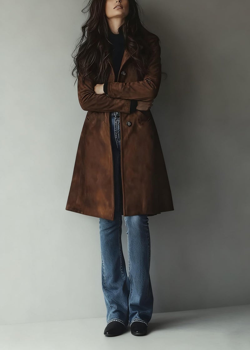 utcoco Womens Long Suede Trench Coat Single Breasted Leather Trench Overcoat with Pocket (X-Large, Dark Brown) - Image 4