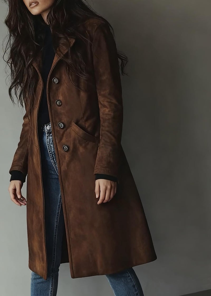 utcoco Womens Long Suede Trench Coat Single Breasted Leather Trench Overcoat with Pocket (X-Large, Dark Brown) - Image 3