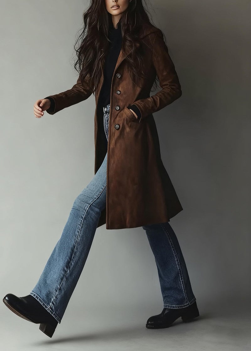 utcoco Womens Long Suede Trench Coat Single Breasted Leather Trench Overcoat with Pocket (X-Large, Dark Brown) - Image 5