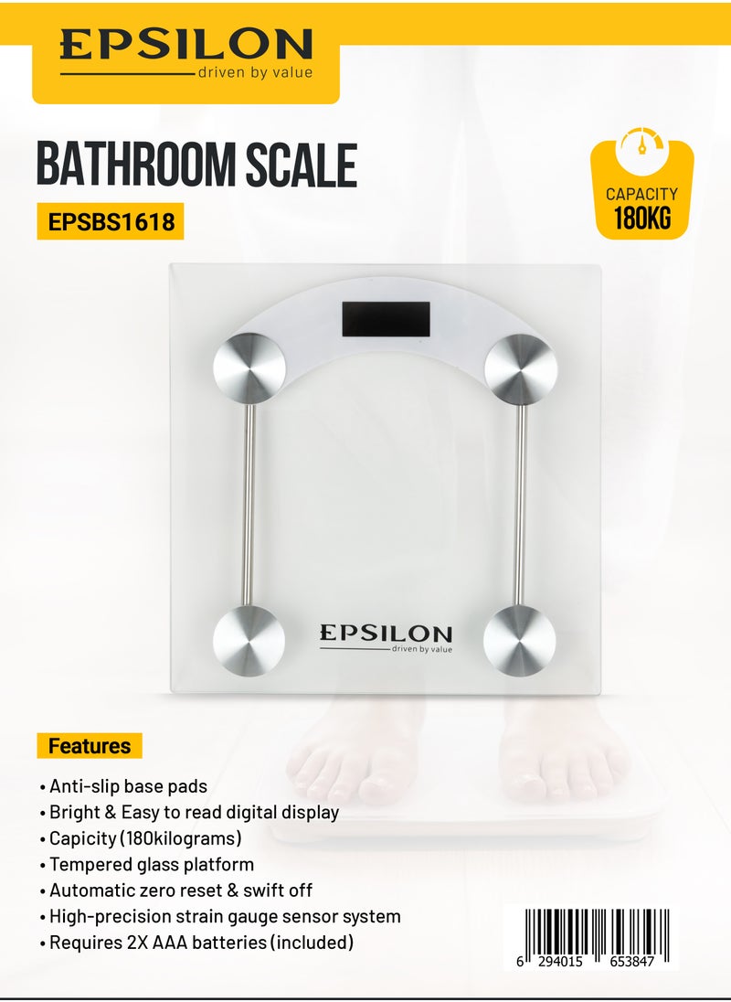 Epsilon Epsilon Bathroom Scale- EPSBS1618/ Multi-Purpose Weighing Machine with High Precision, Easy to Read Digital Display, Human Body-Weight Machines/ 180 kg Capacity, Anti Slip Base, Perfect for Home, Bathroom, Gym, etc. Tempered Glass Platform  - Image 2
