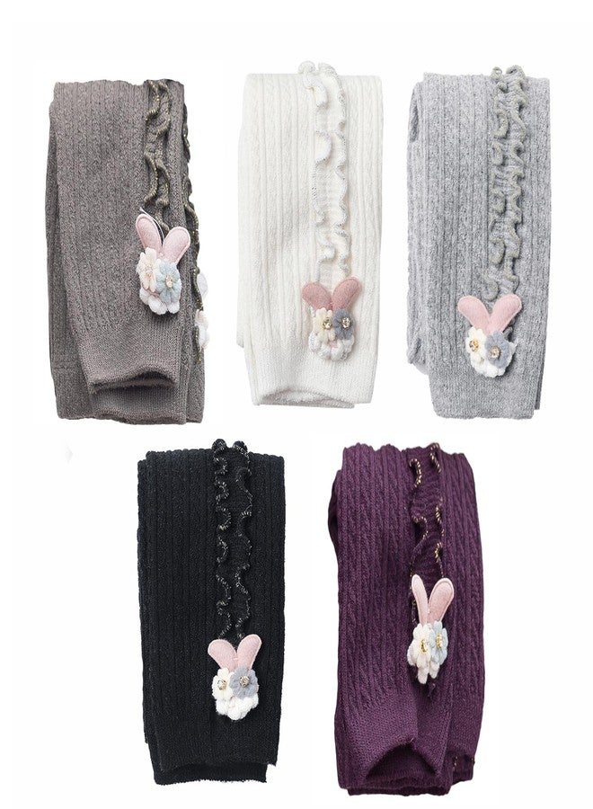 Looching 5 Pack Baby Little Girls Ruffle Lace Accessories Ankle Cable Knit Leggings Pants Kids Footless Tights Stocking (3-5T, White/Gray/Dark Gray/Black/Purple) - Image 1