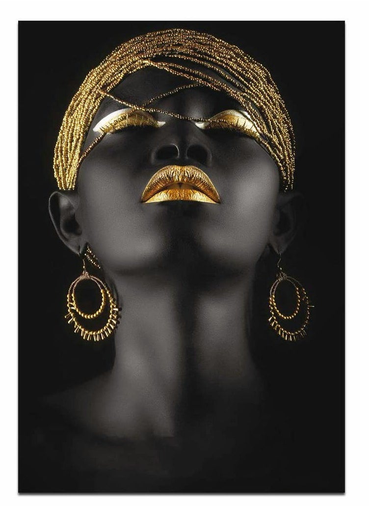 SYOSI Wall Painting, African Women Art Wall Decor Canvas Wall Art Original Designed Pop Gold earrings necklace Black Pretty Girl Style Painting on Canvas Poster Print without Frame ( 50 x 70 cm )  - Image 1