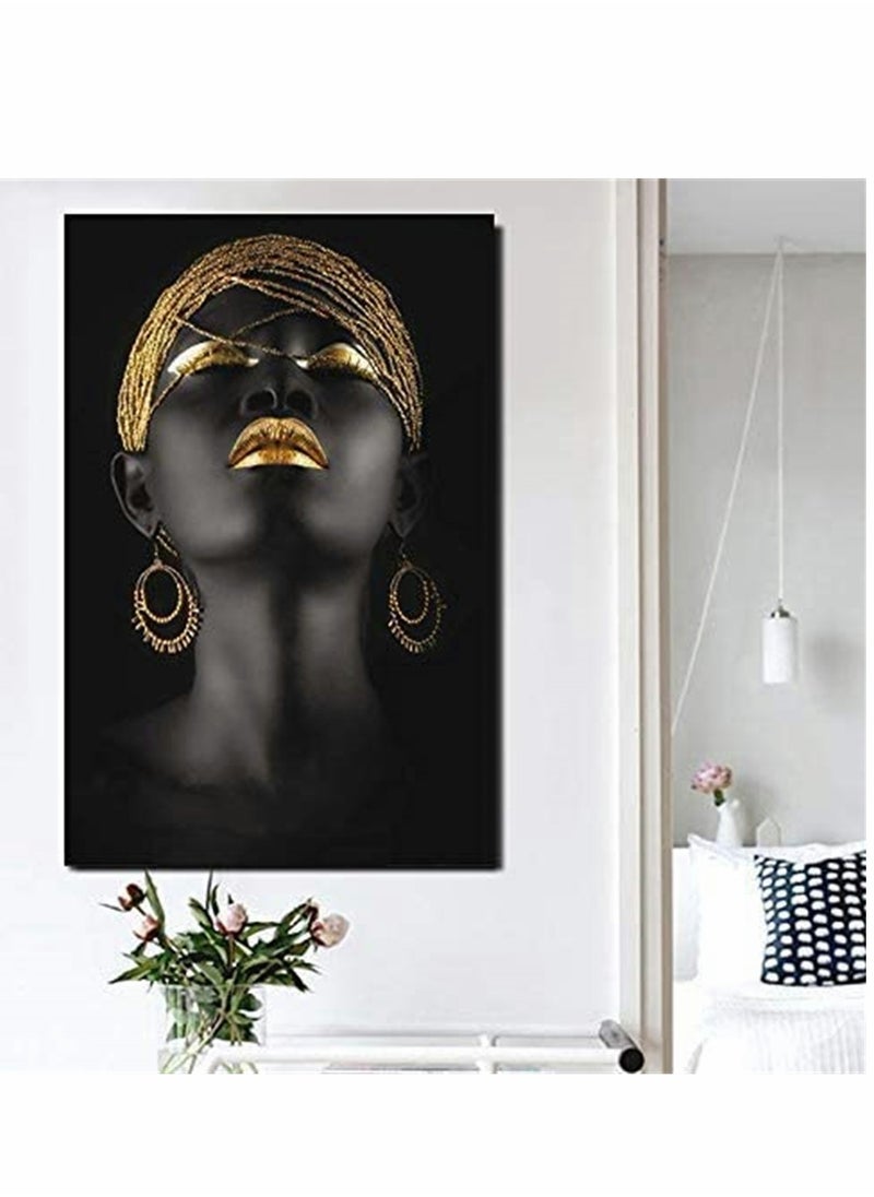 SYOSI Wall Painting, African Women Art Wall Decor Canvas Wall Art Original Designed Pop Gold earrings necklace Black Pretty Girl Style Painting on Canvas Poster Print without Frame ( 50 x 70 cm )  - Image 2