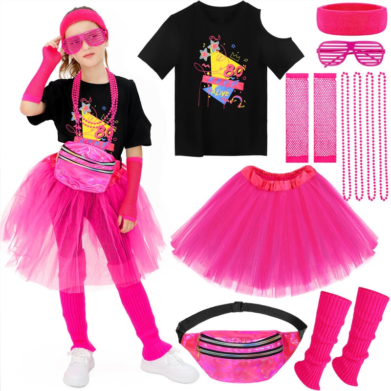 SOMSOC 13 Pieces Girls 80s Outfit for Kids Halloween Costume Accessories Set for Cosplay 1980s Party - Image 2