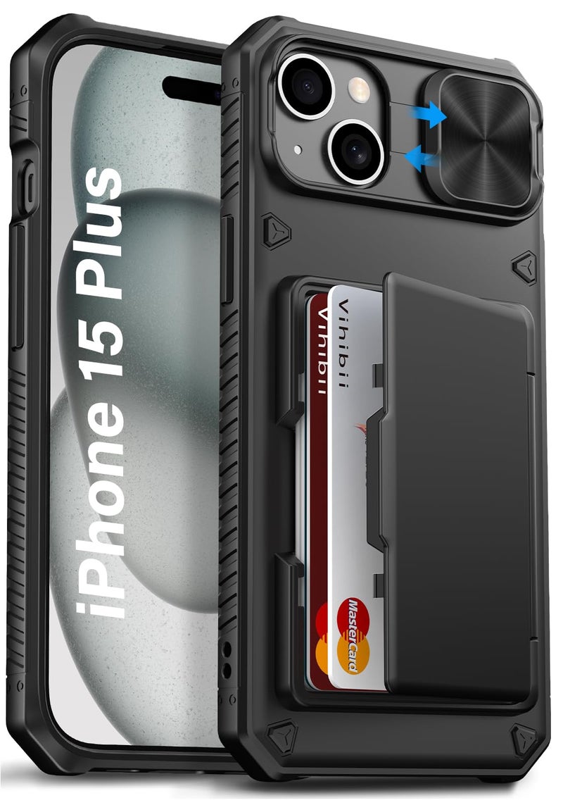 Vihibii for iPhone 15 Plus/iPhone 14 Plus Case with Card Holder (4 Cards) [RFID Blocking] & Slide Camera Cover, Military Grade Drop Protection, Rugged Hard Back & Silicone Edge Wallet Case, Black - Image 1
