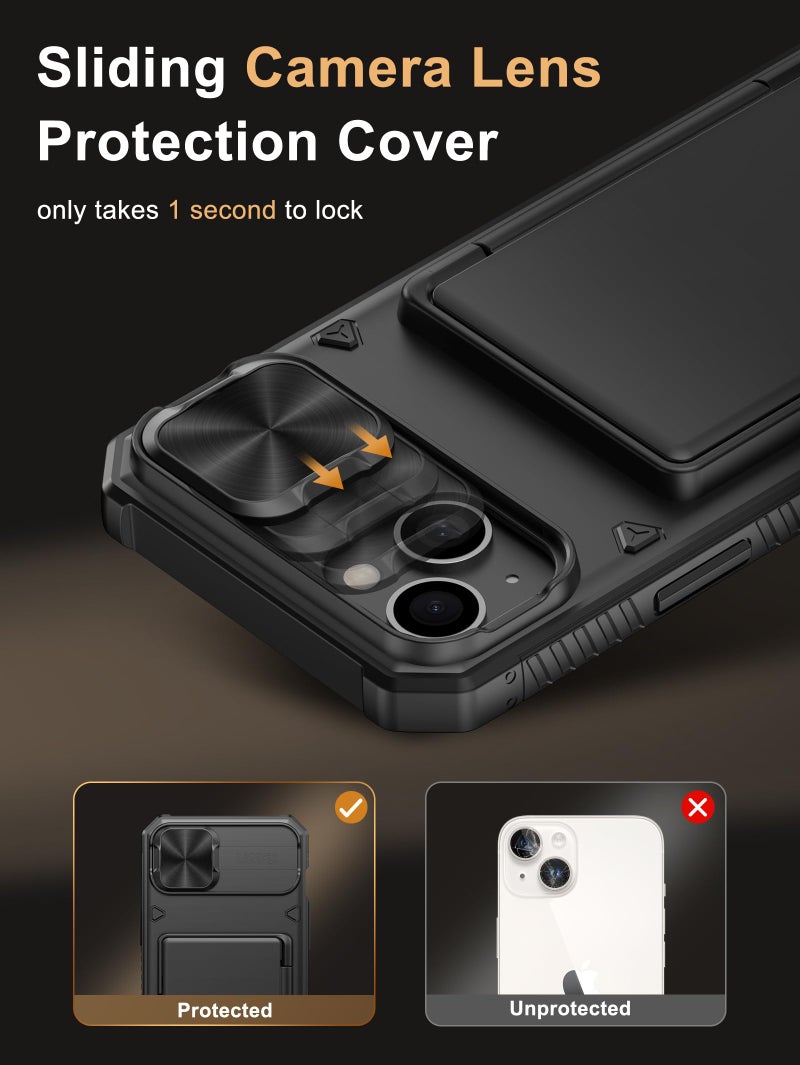 Vihibii for iPhone 15 Plus/iPhone 14 Plus Case with Card Holder (4 Cards) [RFID Blocking] & Slide Camera Cover, Military Grade Drop Protection, Rugged Hard Back & Silicone Edge Wallet Case, Black - Image 4