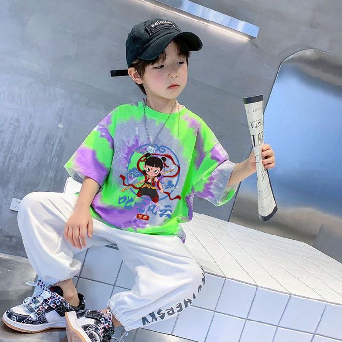 Boys' Short-sleeved Children's 2025 T-shirt Cotton New Half-sleeved Loose Tie-dyed Top for Middle and Big Children for Summer - Image 1