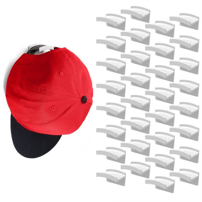 ADHESIVE HAT HOOKS FOR WALL 32PACK MINIMALIST HAT RACK DESIGN NO DRILLING STRONG HOLD HAT HANGERS USA PATENTED WHITE