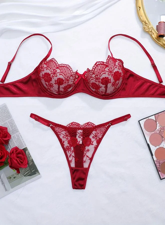 Take Two  Burgundy Floral Embroidered Mesh Non Padded Wired Bra and Brief Set for Women | Best Price UAE