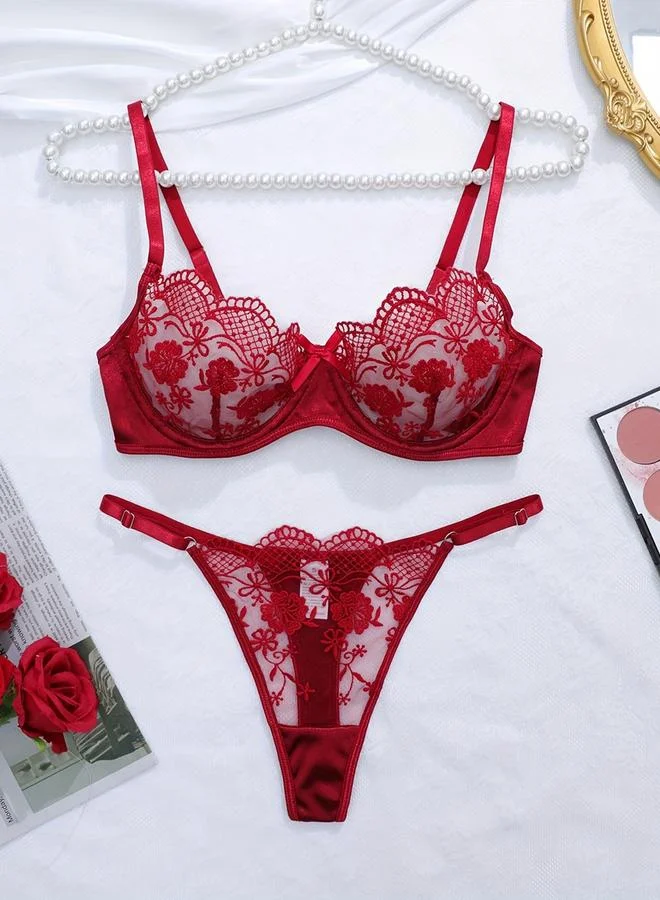 Take Two Burgundy Floral Embroidered Mesh Non Padded Wired Bra and Brief Set