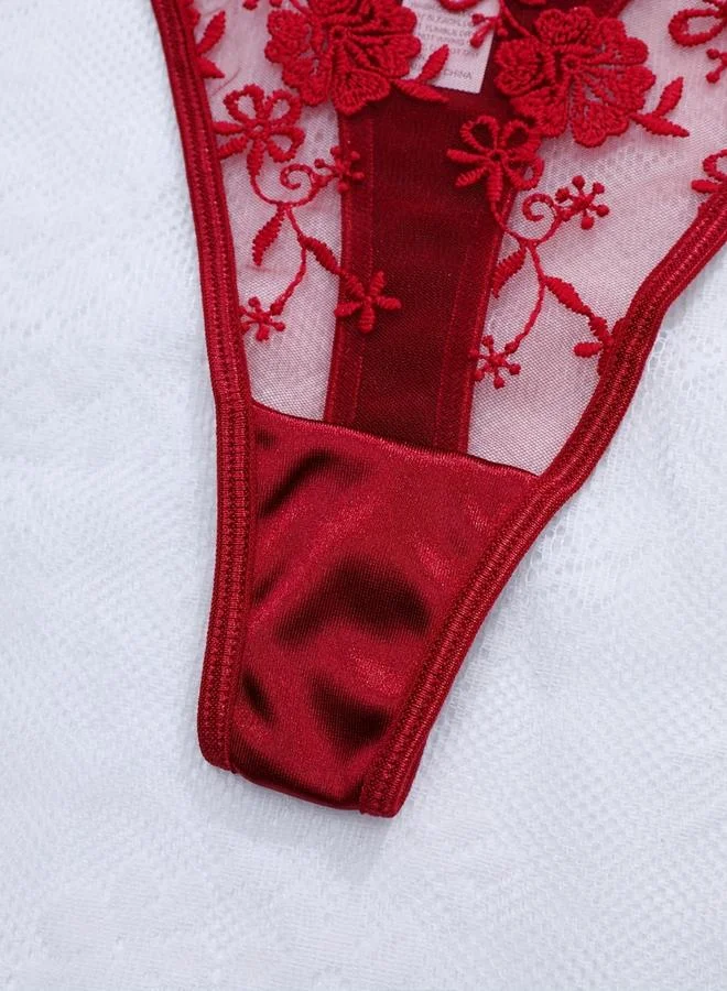 Take Two  Burgundy Floral Embroidered Mesh Non Padded Wired Bra and Brief Set for Women | Best Price UAE