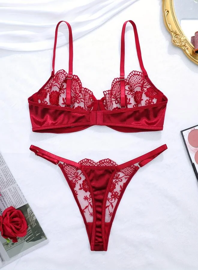 Take Two Burgundy Floral Embroidered Mesh Non Padded Wired Bra and Brief Set