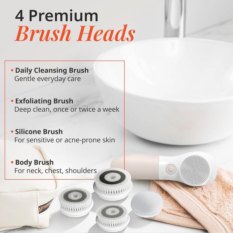Vanity Planet Raedia Handheld Facial Cleansing Brush with 4 Interchangeable Brush Heads by - Lightweight Daily Cleansing Brush for Glowing Skin - Water Resistant Face Exfoliator - Warm Grey - Image 4