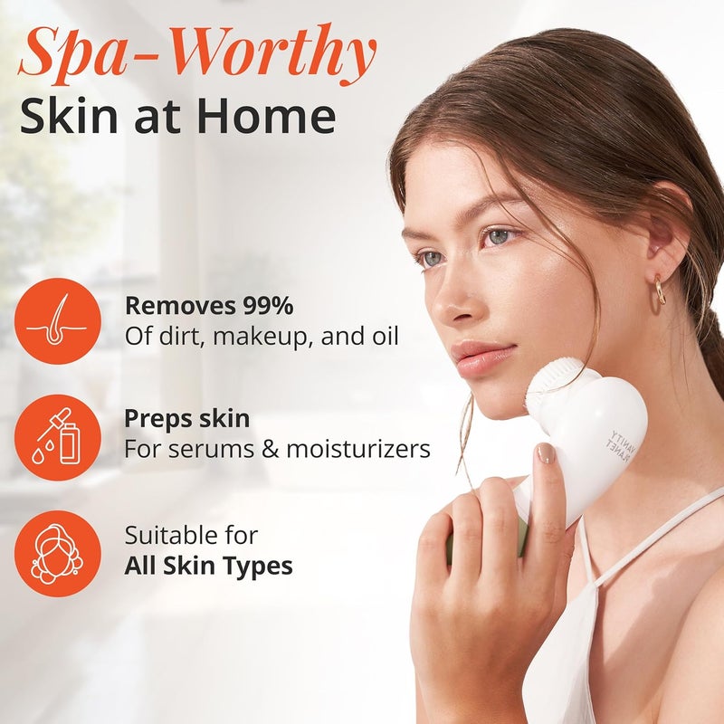 Vanity Planet Raedia Handheld Facial Cleansing Brush with 4 Interchangeable Brush Heads by - Lightweight Daily Cleansing Brush for Glowing Skin - Water Resistant Face Exfoliator - Warm Grey - Image 2
