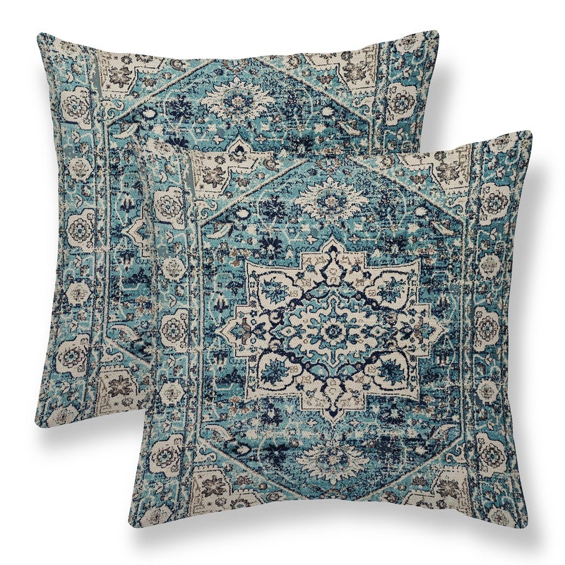 Sunshineyan Boho Pillow Covers 18X18 Inch Set of 2 Bohemian Vintage Throw Pillow Covers Blue Carpet Pattern Cushion Cases Farmhouse Decorative Outdoor Pillow Covers for Couch Home Sofa Living Room