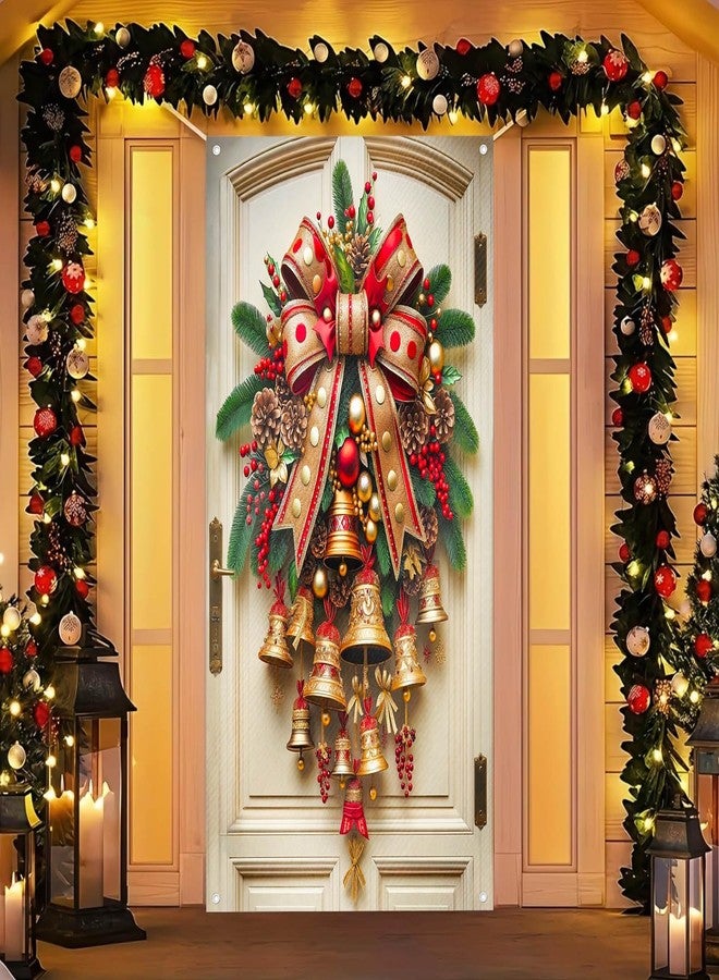 BlissYard Christmas Bell Door Cover 71x35 Inch Large Christmas Door Banner Red Gold Bow Holiday Backdrop Front Door Outdoor Indoor Decorations with Bells Pinecones Ornaments Festive Xmas Decor - Image 1
