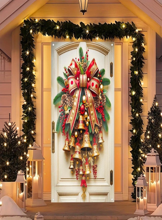 BlissYard Christmas Bell Door Cover 71x35 Inch Large Christmas Door Banner Red Gold Bow Holiday Backdrop Front Door Outdoor Indoor Decorations with Bells Pinecones Ornaments Festive Xmas Decor - Image 4