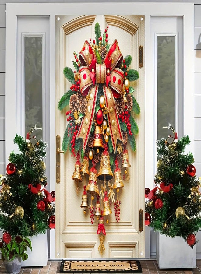 BlissYard Christmas Bell Door Cover 71x35 Inch Large Christmas Door Banner Red Gold Bow Holiday Backdrop Front Door Outdoor Indoor Decorations with Bells Pinecones Ornaments Festive Xmas Decor - Image 2