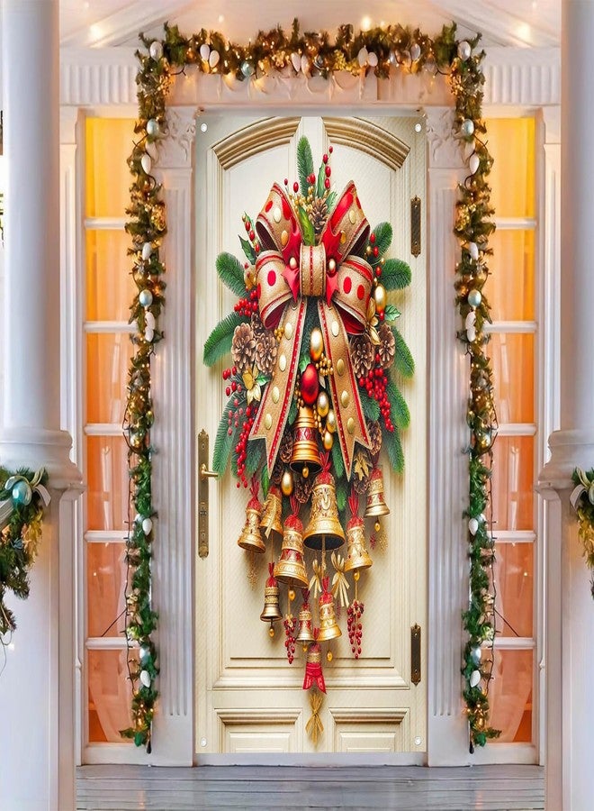 BlissYard Christmas Bell Door Cover 71x35 Inch Large Christmas Door Banner Red Gold Bow Holiday Backdrop Front Door Outdoor Indoor Decorations with Bells Pinecones Ornaments Festive Xmas Decor - Image 3