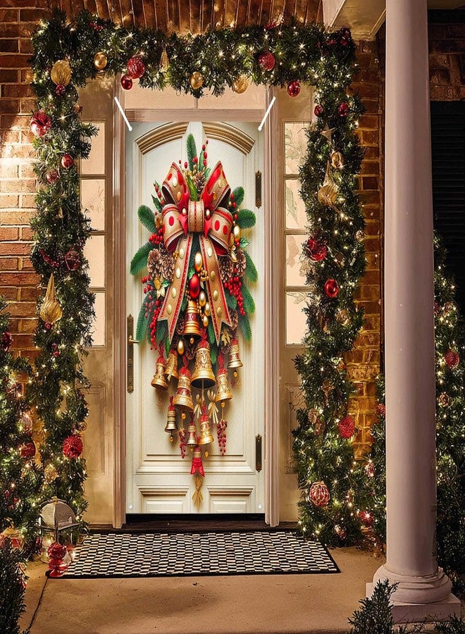 BlissYard Christmas Bell Door Cover 71x35 Inch Large Christmas Door Banner Red Gold Bow Holiday Backdrop Front Door Outdoor Indoor Decorations with Bells Pinecones Ornaments Festive Xmas Decor - Image 5