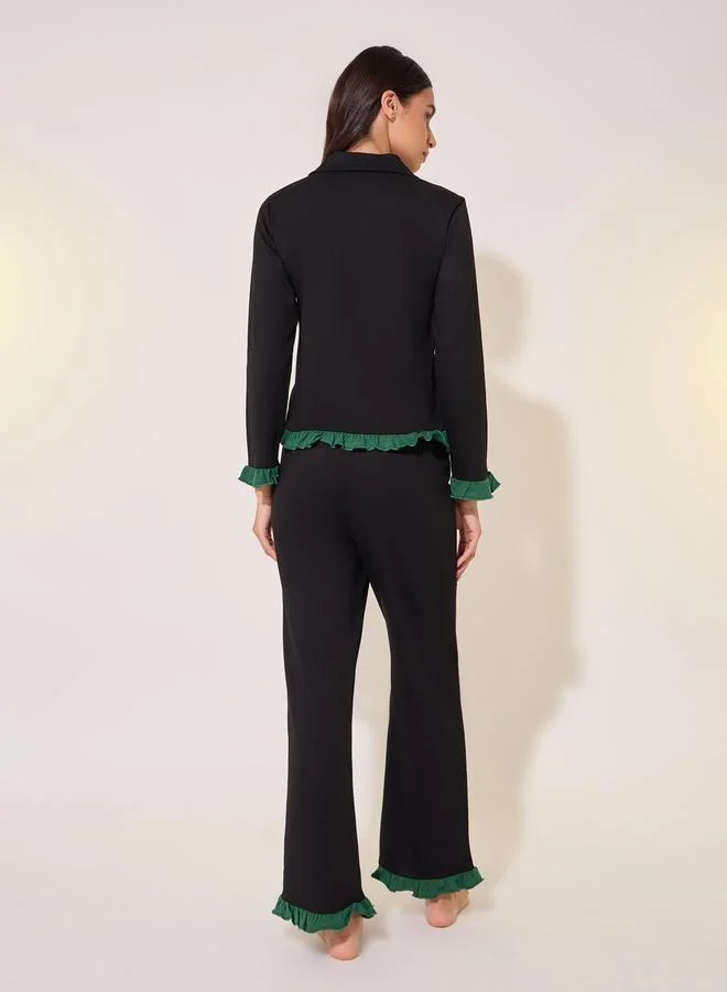تايك تو Contrast Ruffle Hem Shirt and Pyjama Set