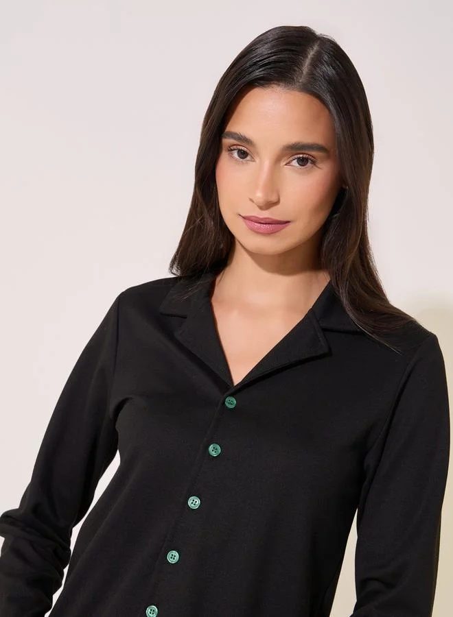 تايك تو Contrast Ruffle Hem Shirt and Pyjama Set