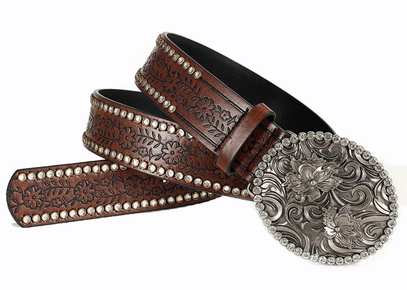 Eohak Women-Western-Cowboy-Belt Bling Rhinestone Buckle Cowgirl Belt PU Leather Belt for Jeans Pants(for 28-38'') (Brown with Rhinestones, Medium) - Image 5
