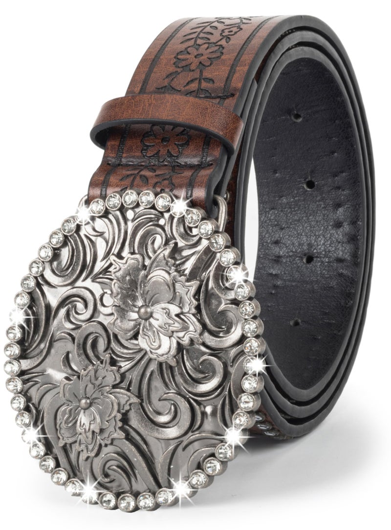 Eohak Women-Western-Cowboy-Belt Bling Rhinestone Buckle Cowgirl Belt PU Leather Belt for Jeans Pants(for 28-38'') (Brown with Rhinestones, Medium) - Image 1