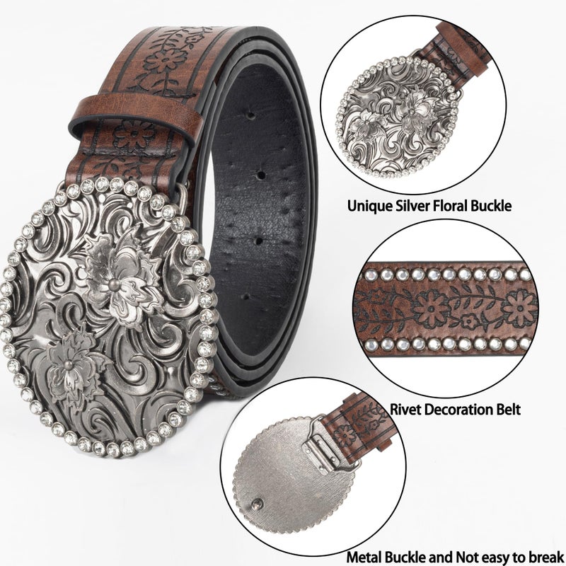Eohak Women-Western-Cowboy-Belt Bling Rhinestone Buckle Cowgirl Belt PU Leather Belt for Jeans Pants(for 28-38'') (Brown with Rhinestones, Medium) - Image 3