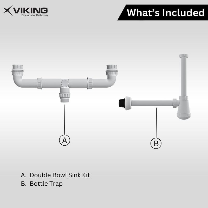 Viking حوض مزدوج مع أنبوب تصريف بلاستيكي مع فخ زجاجة ABS خيوط 32 مم (1-1/4") طول 300 مم (12’’) - أبيض PP - طول قابل للتعديل 575 مم (23’’) - 425 مم (17’’) وخيوط 40 مم و32 مم - Image 5