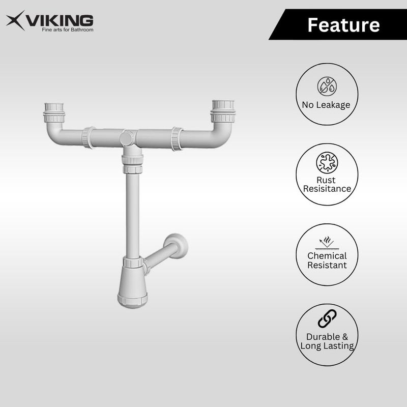 Viking حوض مزدوج مع أنبوب تصريف بلاستيكي مع فخ زجاجة ABS خيوط 32 مم (1-1/4") طول 300 مم (12’’) - أبيض PP - طول قابل للتعديل 575 مم (23’’) - 425 مم (17’’) وخيوط 40 مم و32 مم - Image 3