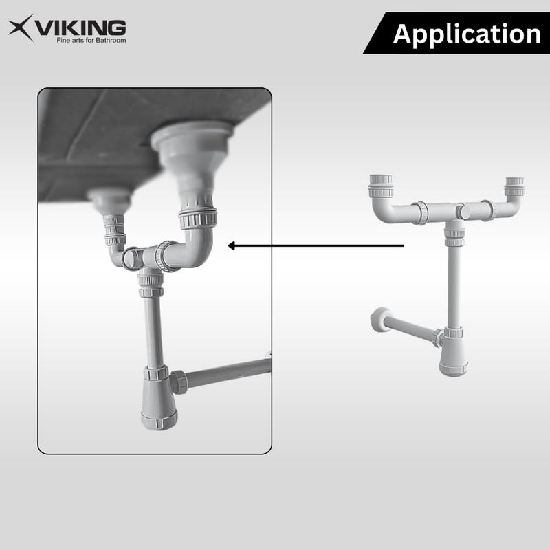 Viking حوض مزدوج مع أنبوب تصريف بلاستيكي مع فخ زجاجة ABS خيوط 32 مم (1-1/4") طول 300 مم (12’’) - أبيض PP - طول قابل للتعديل 575 مم (23’’) - 425 مم (17’’) وخيوط 40 مم و32 مم - Image 4