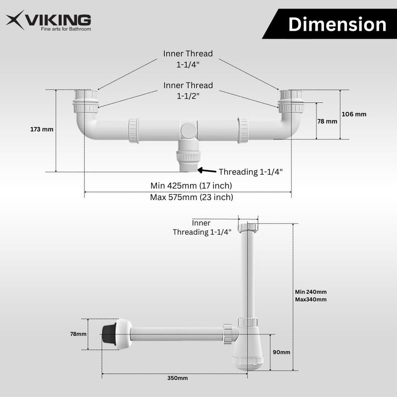 Viking حوض مزدوج مع أنبوب تصريف بلاستيكي مع فخ زجاجة ABS خيوط 32 مم (1-1/4") طول 300 مم (12’’) - أبيض PP - طول قابل للتعديل 575 مم (23’’) - 425 مم (17’’) وخيوط 40 مم و32 مم - Image 2