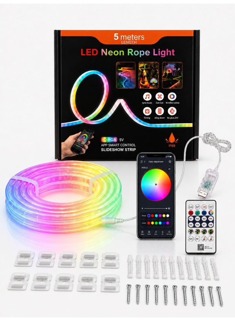 حبل إضاءة نيون LED RGB بطول 5 أمتار، يعمل عبر USB، سيليكون مرن مع تحكم بتطبيق البلوتوث وجهاز تحكم عن بُعد ووحدة تحكم سلكية، مزامنة مع الموسيقى ومؤقت، جسم إضاءة مقاوم للماء بمعيار IP68 لغرفة النوم وغرفة الألعاب وخلف التلفزيون وديكور المنزل - Image 1