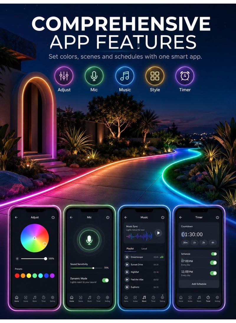 حبل إضاءة نيون LED RGB بطول 5 أمتار، يعمل عبر USB، سيليكون مرن مع تحكم بتطبيق البلوتوث وجهاز تحكم عن بُعد ووحدة تحكم سلكية، مزامنة مع الموسيقى ومؤقت، جسم إضاءة مقاوم للماء بمعيار IP68 لغرفة النوم وغرفة الألعاب وخلف التلفزيون وديكور المنزل - Image 5