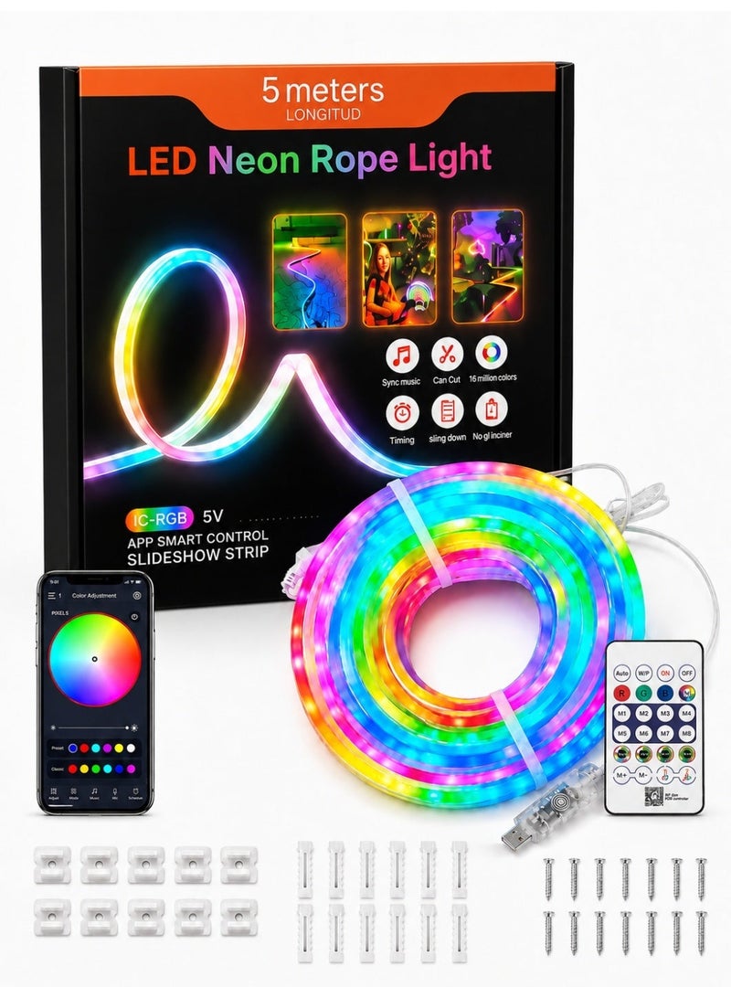 5M RGB LED Neon Rope Light, USB Powered Flexible Silicone Neon Light with Bluetooth App Control, Remote Control and Inline Controller, Music Sync, Timer, IP68 Waterproof Light Body for Bedroom, Gaming Room, TV Backlight and Home Decor - Image 1