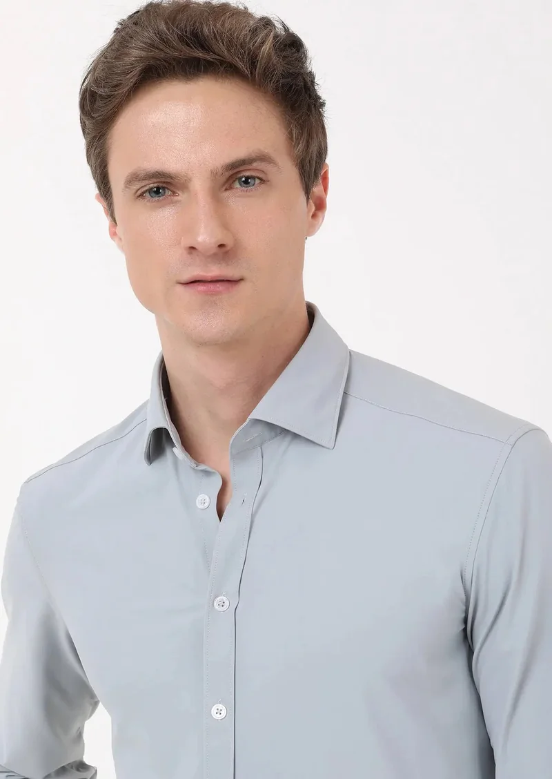 رامسي قميص رمادي سادة بقصة عادية ونسيج كلاسيكي