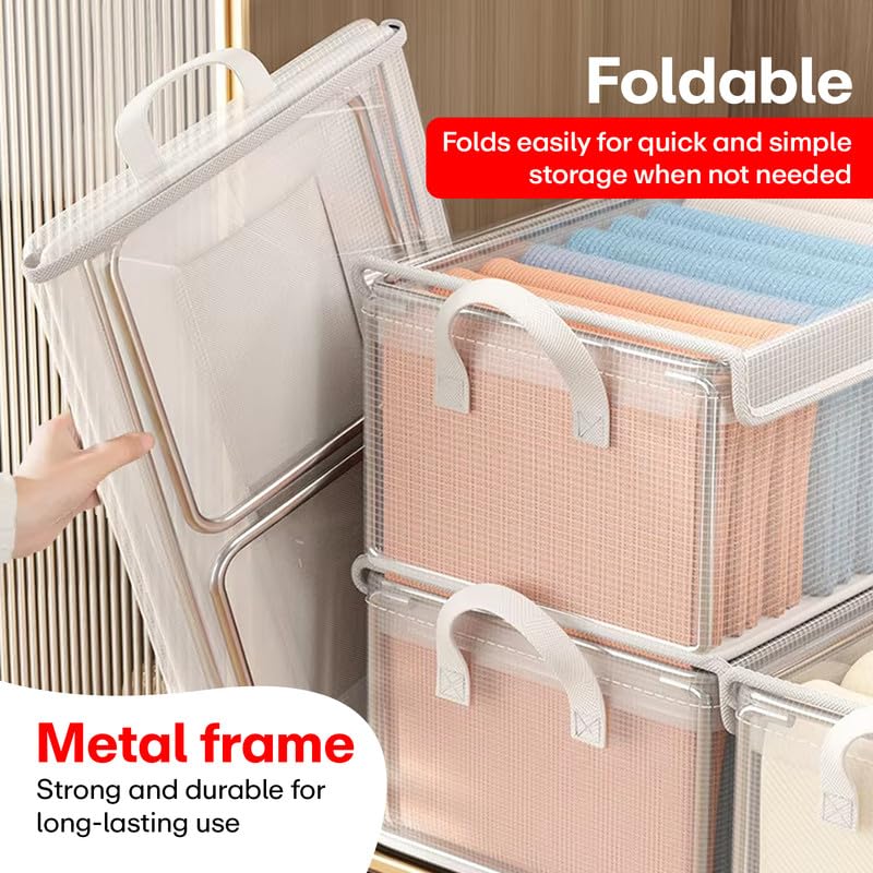 PRIME PICK صندوق تخزين بسحاب من القماش - مجموعة 6 من منظمات الملابس PVC - منظم خزانة للتخزين - صندوق قابل للطي وقابل للغسل مع غطاء وإطار معدني ومقابض - مثالي للخزانة أو الدرج. - Image 4