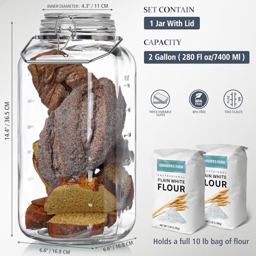 Folinstall [Upgrade] 2 Gallon Glass Jars with Airtight Lids, 7400 ml Large Wide Mouth Glass Mason Jars with Stainless Steel Handle, Big Storage Jars with Lids, 2 Scale Markings Cereal Containers Storage - Image 2