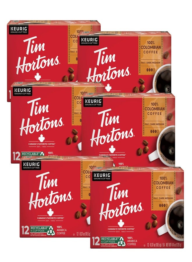 Tim Hortons 100% Colombian, MedTim Hortons 100% Colombian, Medium Dark Roast Coffee, Single-Serve K-Cup Pods Compatible with Keurig Brewers, 72ct K-Cups, 12 Count (Pack of 6) - Image 1